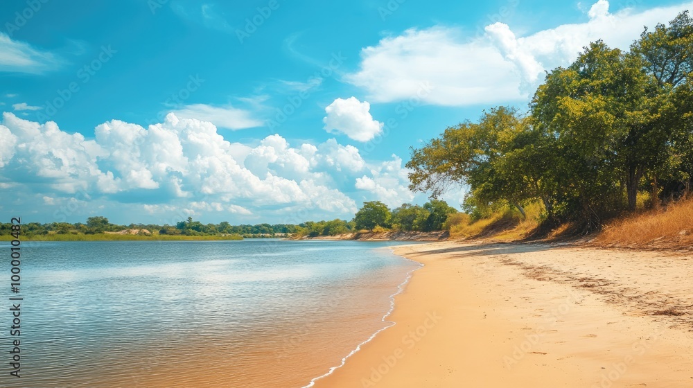 A serene beach with golden sand along a riverbank, with ample open space in the sky and water for adding text. A serene beach with golden sand along a riverbank, with ample open space in the sky and water for adding text.