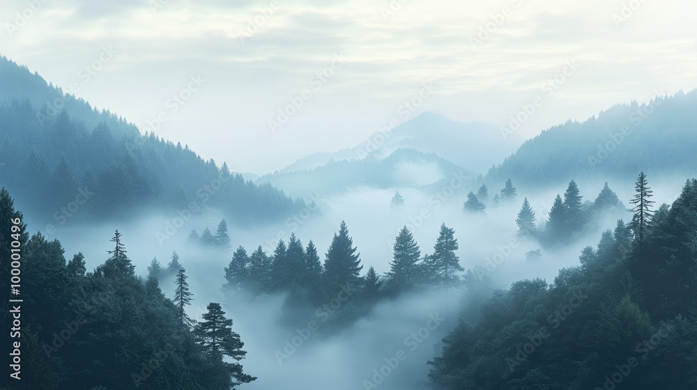 Obraz premium A serene landscape with a sea of fog flowing through a forest, with ample clear space in the sky for text placement.