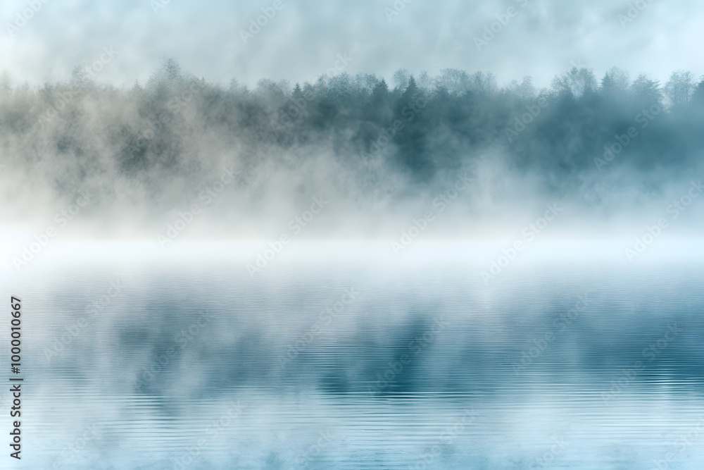 Obraz premium Foggy forest landscape with mist rising from the river and clouds in the sky