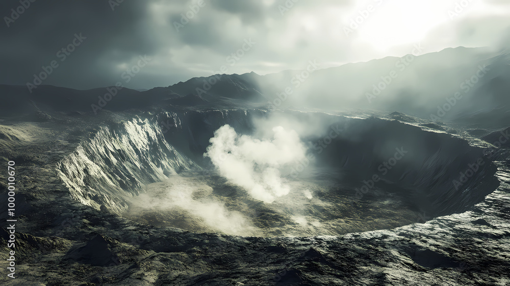Obraz premium Dynamic closeup of an active volcanic crater billowing steam and ash against a backdrop of rugged scorched earth and ominous sky. Volcanic Crater. Illustration
