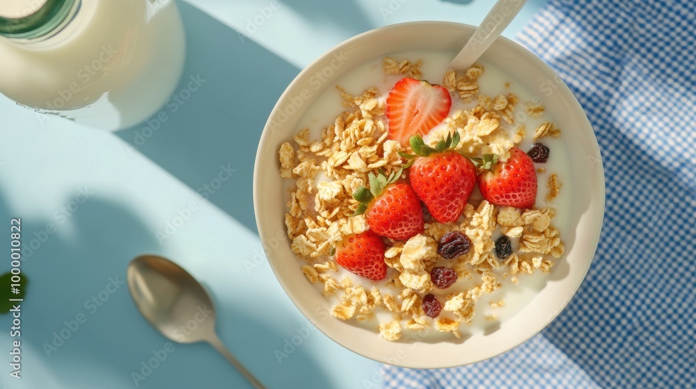 Breakfast cereal with raisin and milk Breakfast cereal with raisin and milk