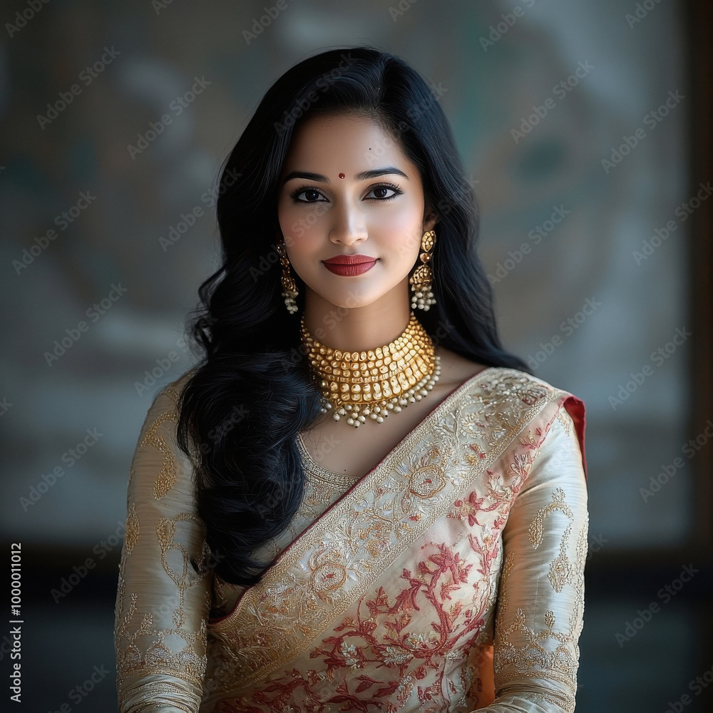 Φωτογραφία Young beautiful indian woman in traditional saree and gold jewelery