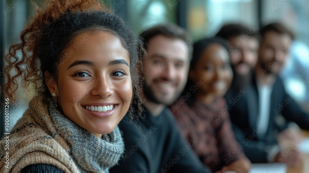 Fototapeta premium Group of friends smiling together, blurred background cafe setting.