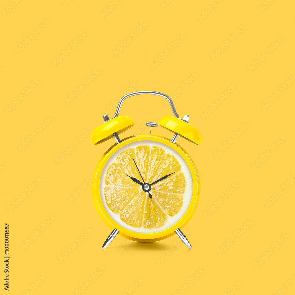 Juicy lemon on alarm clock dial against yellow background. Creative poster Juicy lemon on alarm clock dial against yellow background. Creative poster