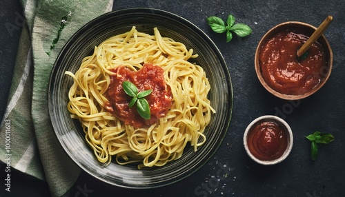 Egg noodles top view on a a dark slate background; wiet tomato sauce photo