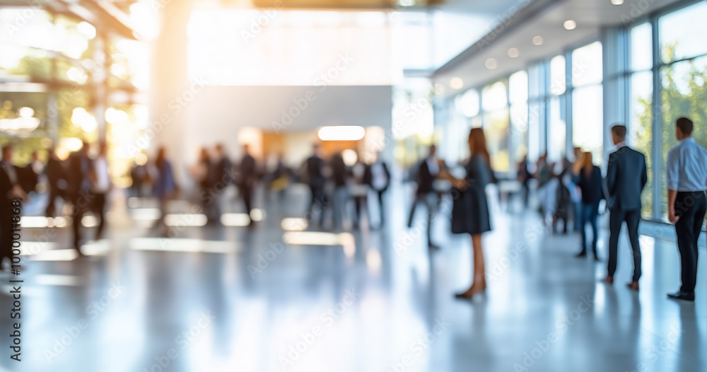 A blurred group of professionals standing in a bright and spacious corporate setting with large windows, sunlight, and reflections, suggesting a business meeting, networking event, or conferenc A blurred group of professionals standing in a bright and spacious corporate setting with large windows, sunlight, and reflections, suggesting a business meeting, networking event, or conferenc