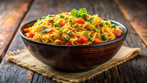 Instant masala Maggi noodles served in a bowl with selective focus and blurred background