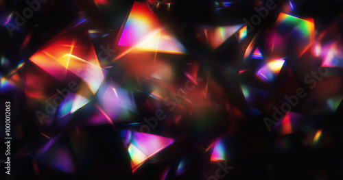 An abstract composition of colorful, translucent prism shapes with vibrant light reflections, creating a dynamic, kaleidoscopic effect on a dark background