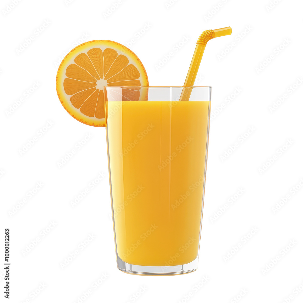 Refreshing orange juice in a tall glass, garnished with a slice of orange and a yellow straw for a vibrant summer drink., isolated on a transparent background. Refreshing orange juice in a tall glass, garnished with a slice of orange and a yellow straw for a vibrant summer drink., isolated on a transparent background.