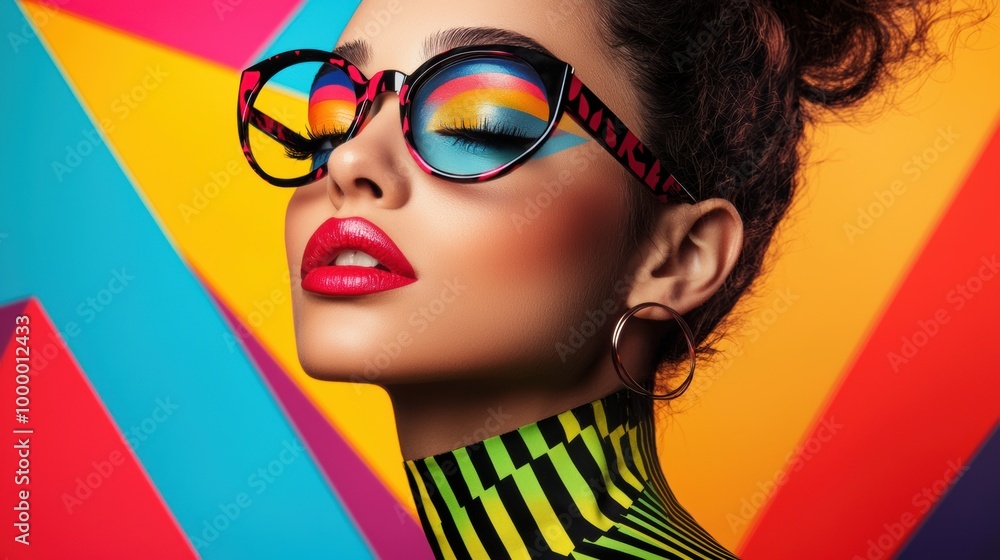 Captivating Portrait of a Confident Stylish Woman in Bold Vibrant Makeup and Eyewear Captivating Portrait of a Confident Stylish Woman in Bold Vibrant Makeup and Eyewear