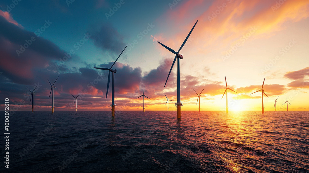 Obraz premium Wind turbines at sunset over the ocean.