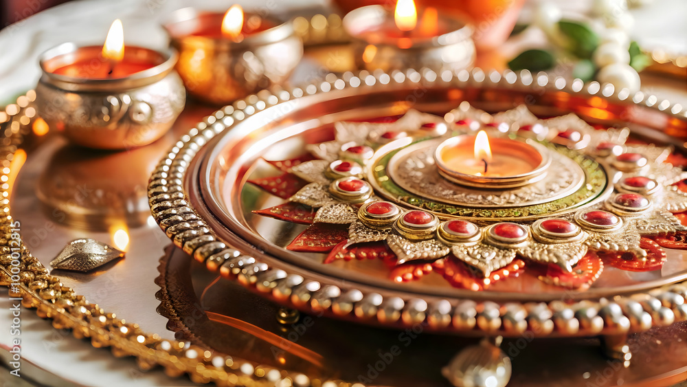 Futuristic Macro Shot of Bhai Dooj Tika Plate with Intricate Design and Glowing Elements - A Modern Fusion of Tradition in Photo Stock Futuristic Macro Shot of Bhai Dooj Tika Plate with Intricate Design and Glowing Elements - A Modern Fusion of Tradition in Photo Stock