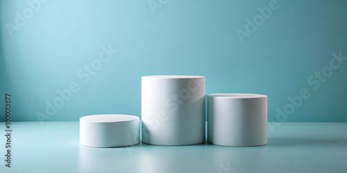 White three cylinder podiums background product design. Blue background 009