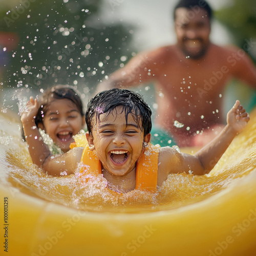 Fototapeta Naklejka Na Ścianę i Meble -  Indian family having fun at water park