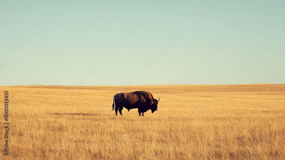 A solitary buffalo in a serene pasture with a clear sky above, offering ample space for text or copy. A solitary buffalo in a serene pasture with a clear sky above, offering ample space for text or copy.