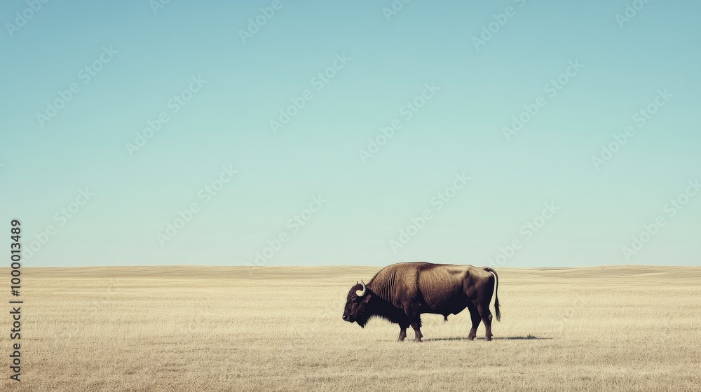 A solitary buffalo in a serene pasture with a clear sky above, offering ample space for text or copy. A solitary buffalo in a serene pasture with a clear sky above, offering ample space for text or copy.