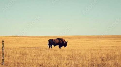 A solitary buffalo in a serene pasture with a clear sky above, offering ample space for text or copy.