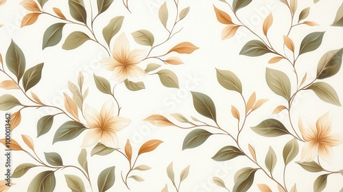 A vintage floral pattern with muted greens and oranges evoking a retro 1950s kitchen wallpaper