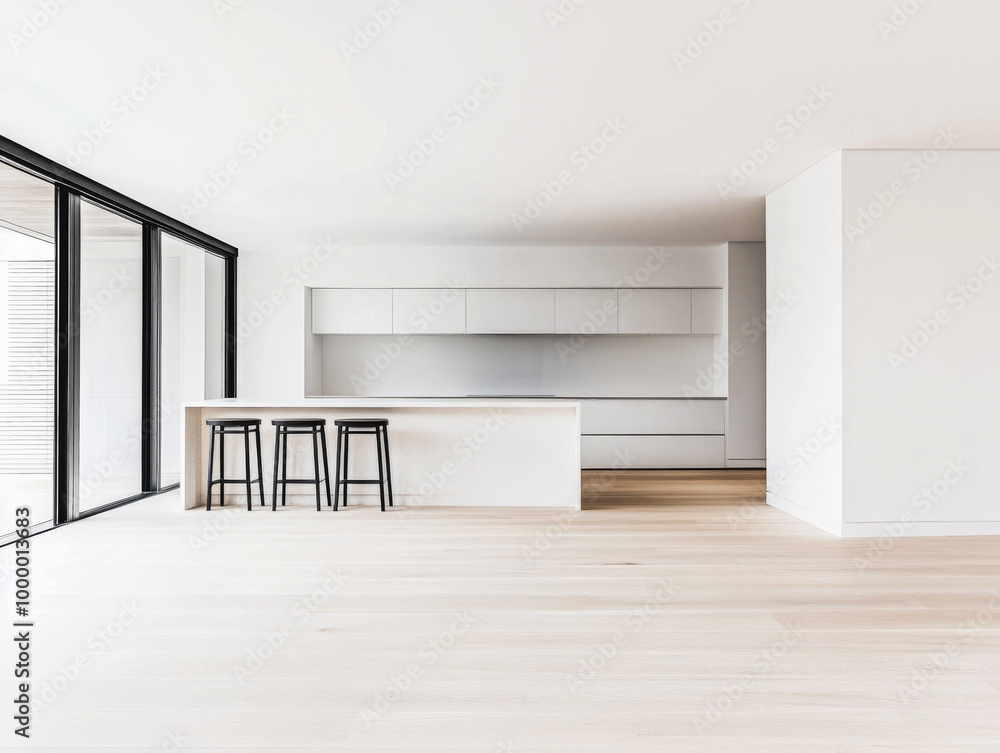 Fototapeta premium Bright and spacious modern kitchen with minimalist design and large windows in a contemporary home interior