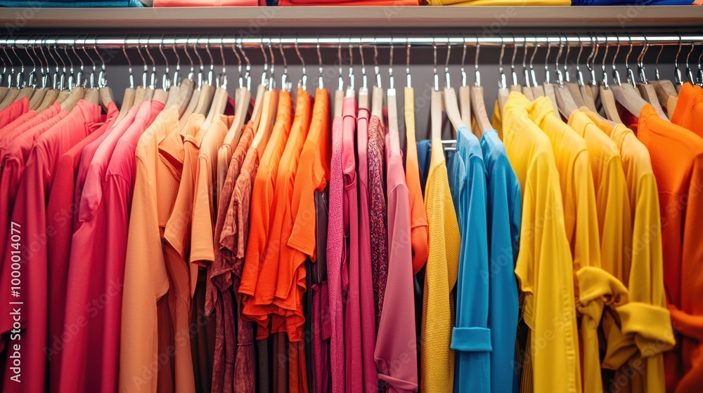 Vibrant Clothing Rack Displaying a Rainbow of Fashion Choices in a Retail Store Vibrant Clothing Rack Displaying a Rainbow of Fashion Choices in a Retail Store
