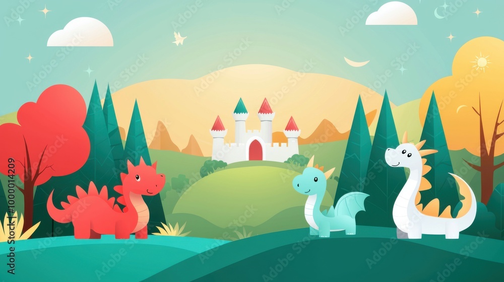 Cartoon-style fantasy world with dragons castles and mythical creatures in a magical forest setting