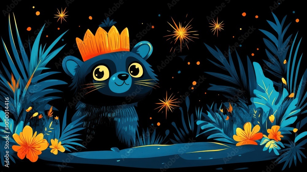 Naklejka premium A whimsical creature with a crown peers from the shadows of a dark, lush forest, illuminated by sparkling lights.