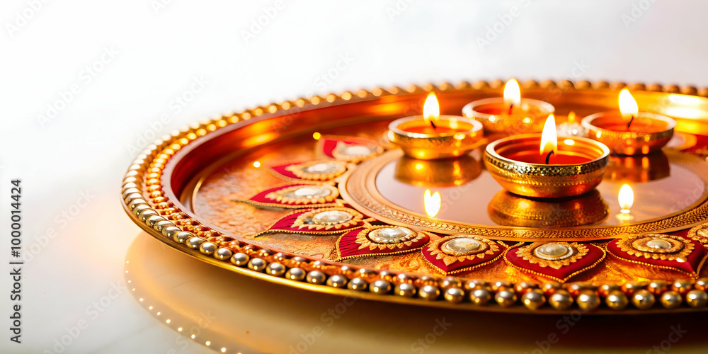 Macro Shot of Bhai Dooj Offering Tray: Intricate Patterns, Glowing Decorations & Modern Design - Captivating Photo Stock Concept Macro Shot of Bhai Dooj Offering Tray: Intricate Patterns, Glowing Decorations & Modern Design - Captivating Photo Stock Concept