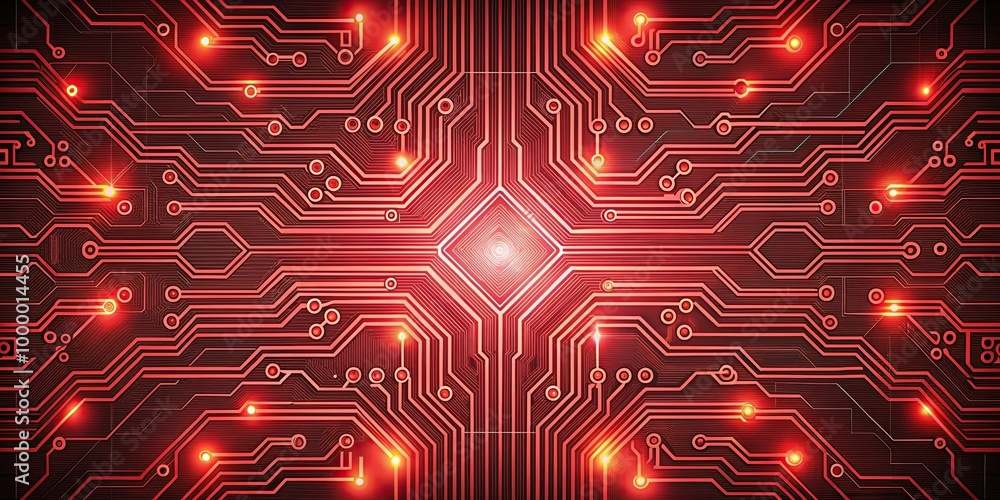 Intricate circuit pattern with neon red light panoramic Stock Photo ...
