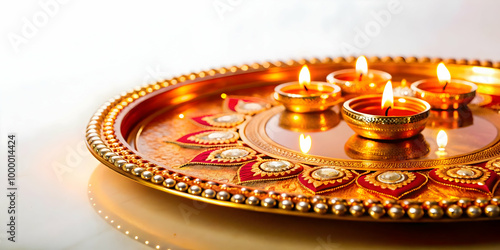 Macro Shot of Bhai Dooj Offering Tray: Intricate Patterns, Glowing Decorations & Modern Design - Captivating Photo Stock Concept