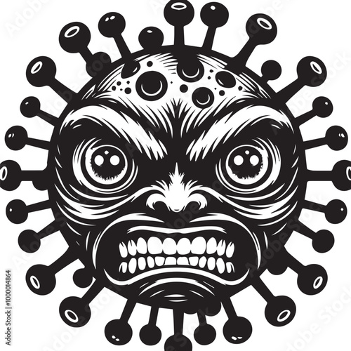 Artistic depiction of angry anthropomorphic virus furious eyes vector illustration silhouette