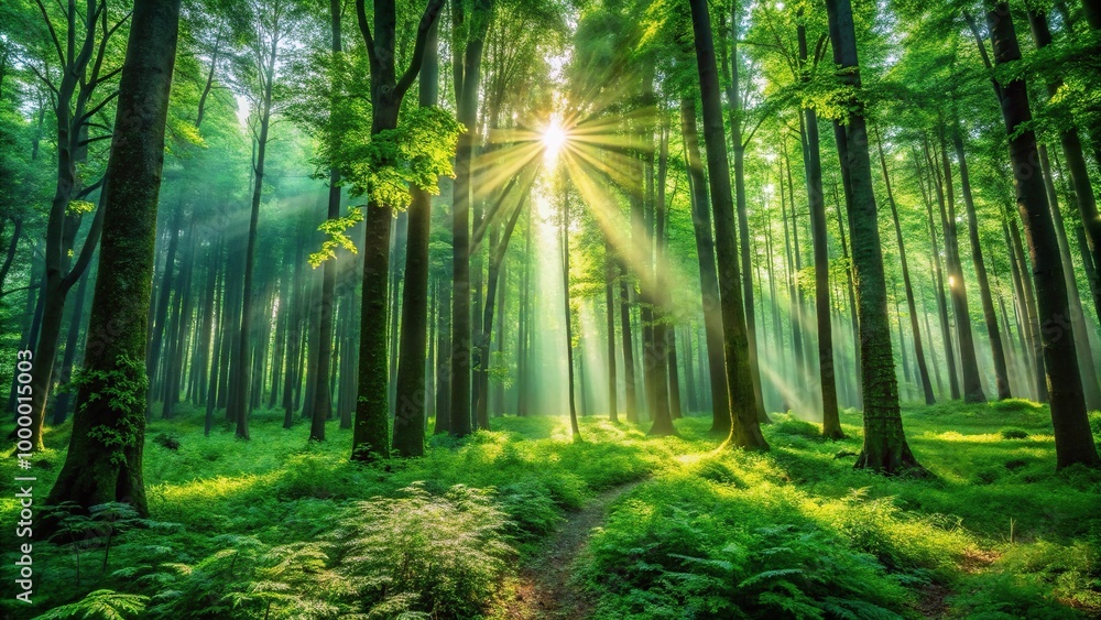 Obraz premium Intricate layers of optical seamless patterns in lush emerald forest during early morning light at eye level