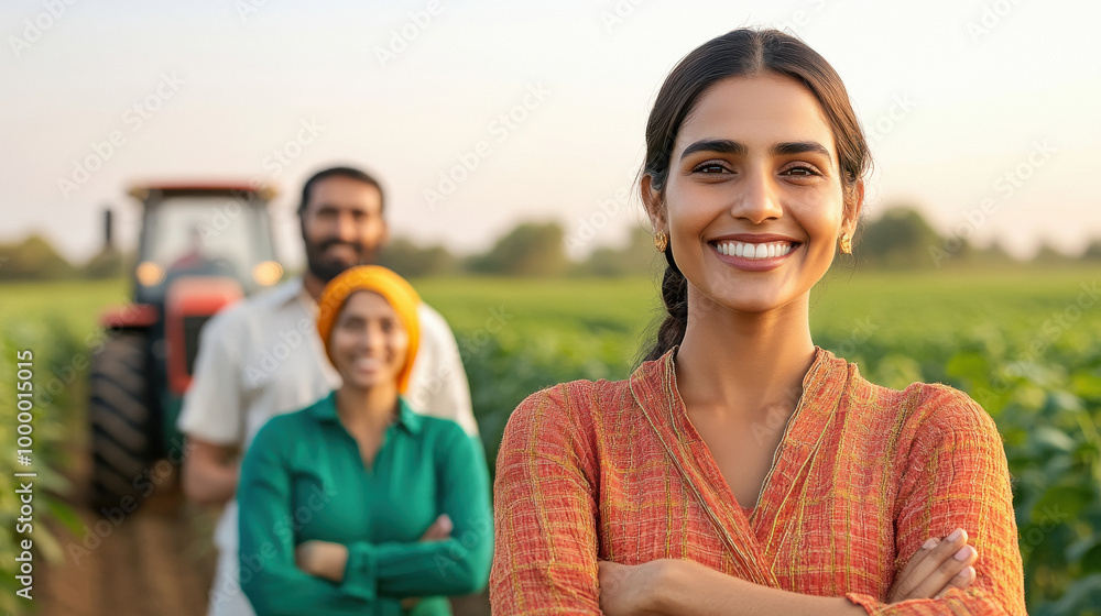 Naklejka premium Indian farmer couple standing in crossed arm pose next to a new tractor, in agriculture field.