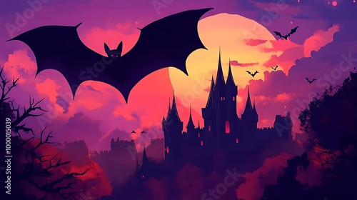 Halloween Bat Flying Over Castle at Sunset