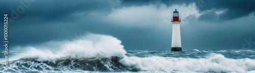 dramatic lighthouse stands tall against turbulent waves and stormy skies, symbolizing resilience and hope amidst natures fury. 