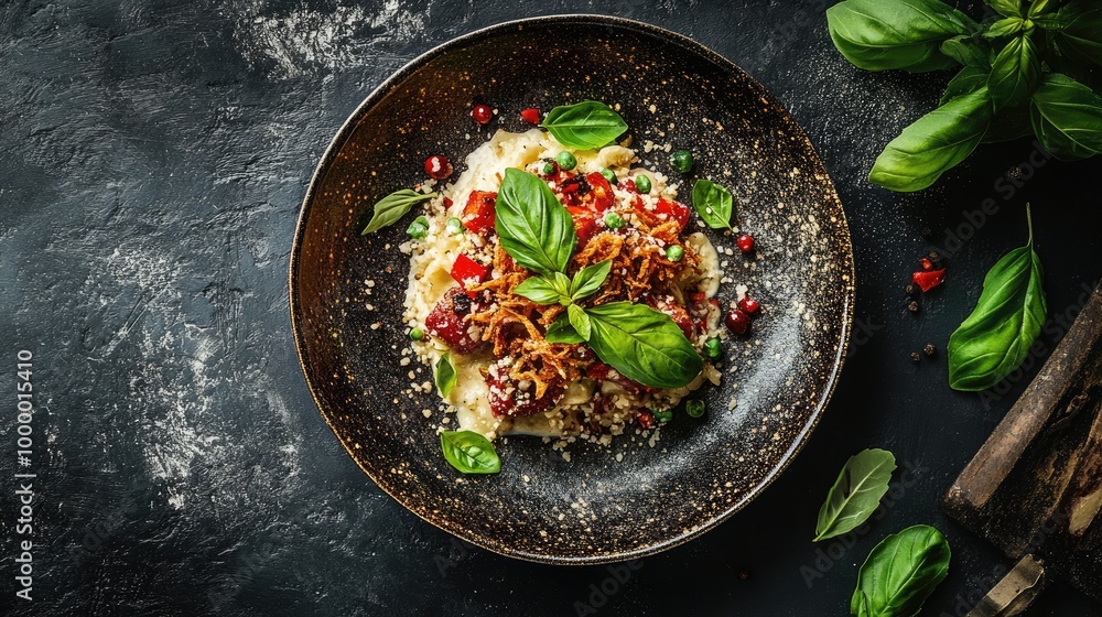 A top-down view of a gourmet dish topped with crispy fried basil, leaving room around the plate for text. A top-down view of a gourmet dish topped with crispy fried basil, leaving room around the plate for text.