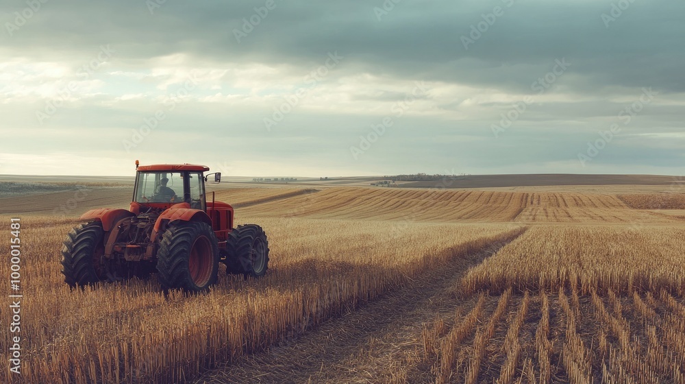 Fototapeta premium A tractor in a field during harvest season with crops in the background, providing ample open space for text.