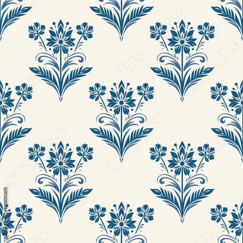 Seamless floral damask pattern in elegant blue and white tones. Classic botanical vintage ornament for textiles, wallpaper, stationery and home decor in a delicate floral style.