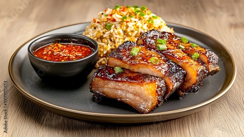 Ultra-realistic 8K food photography of Moo Grob crispy pork belly with chili dipping sauce served alongside jasmine rice on a minimalist wooden table full plate shot photo