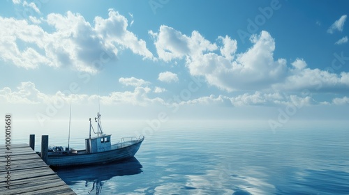 A tranquil scene of a fishing boat docked at a pier, with a vast, open sea and sky area for adding text. -