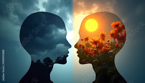 The contrast in silhouettes symbolizes the different states of consciousness in psychotherapy, representing depression and positive mental health photo