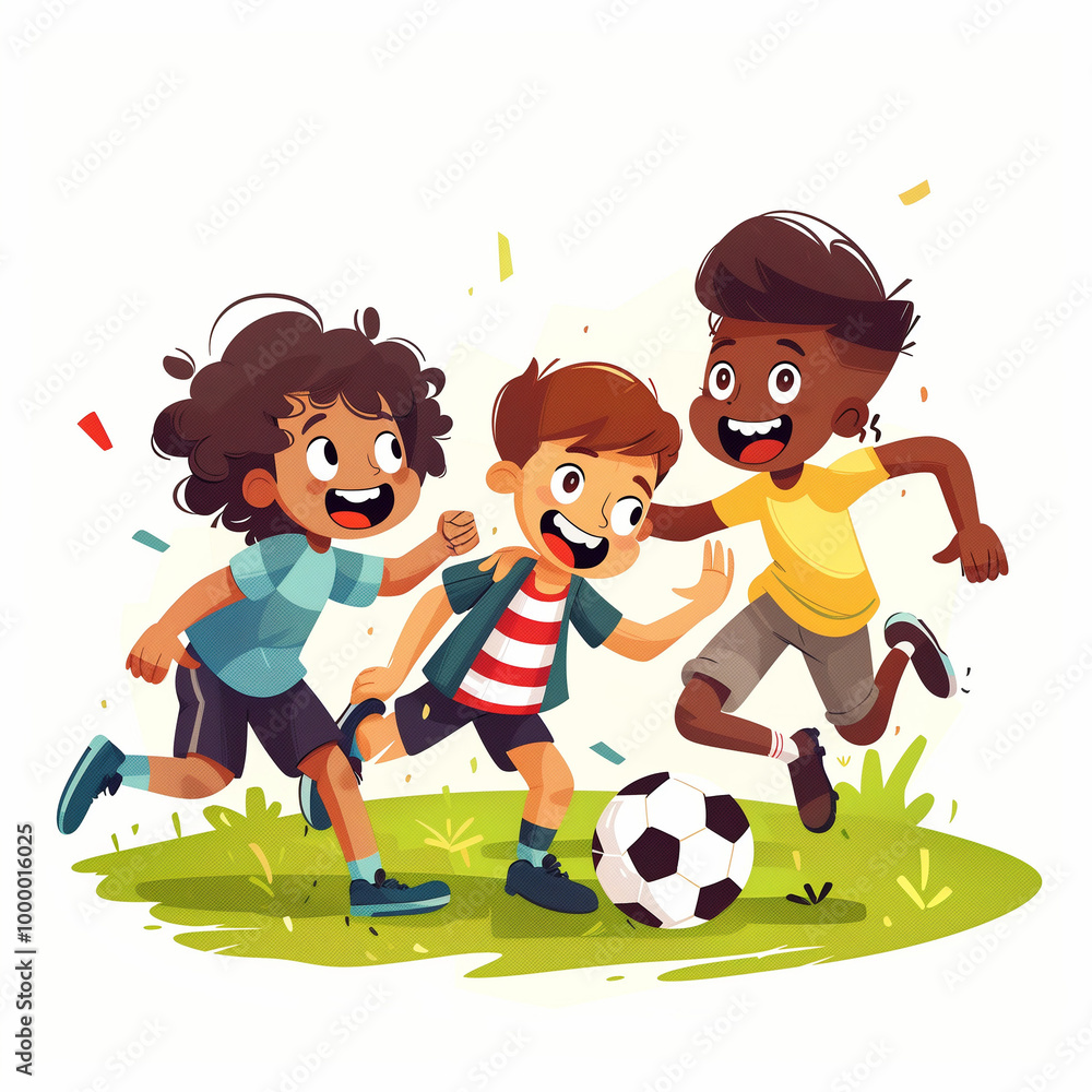 Cheerful kids playing football: a whimsical cartoon-style illustration for a children's book Cheerful kids playing football: a whimsical cartoon-style illustration for a children's book