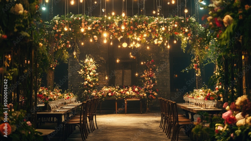 A wedding venue adorned with flowers and lights, with a clear space above for copy placement. A wedding venue adorned with flowers and lights, with a clear space above for copy placement.