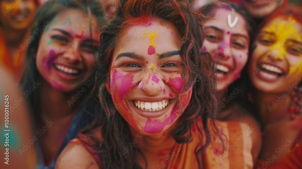 Fototapeta premium Group of Indian girlfriends joyfully celebrating Holi festival with colorful powder, vibrant smiles, and Diwali lights, capturing the essence of Indian culture, tradition, and festive joy, party