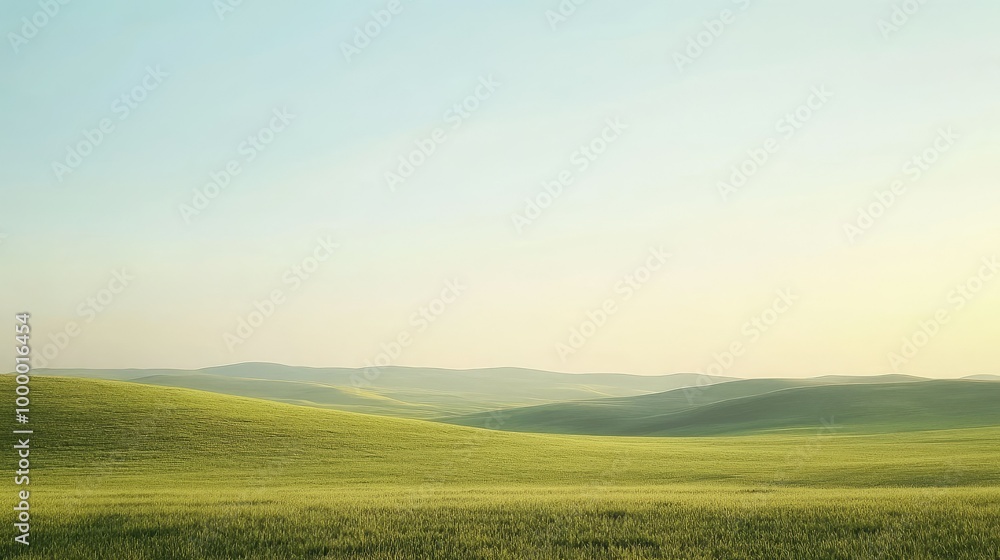Obraz premium A wide-open field with rolling hills and a clear sky, offering ample space for text in the sky or foreground.