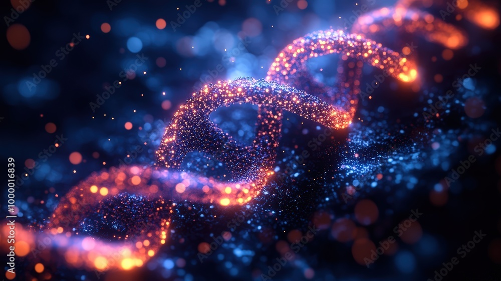 Blue and orange DNA on dark background with bokeh effect Blue and orange DNA on dark background with bokeh effect