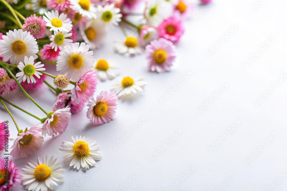 Fototapeta premium A vibrant arrangement of wildflowers in soft colors on a white background, perfect for celebrating nature's beauty. Generative AI
