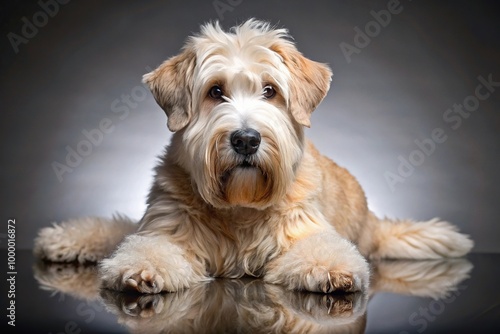 Irish Soft Coated Wheaten Terrier with white and brown fur reflecting in water photo