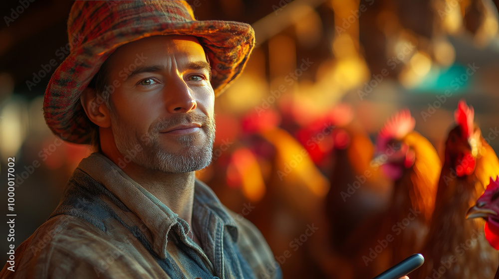 A farmer looks at the camera with a warm smile while standing in a barn with chickens. A farmer looks at the camera with a warm smile while standing in a barn with chickens.