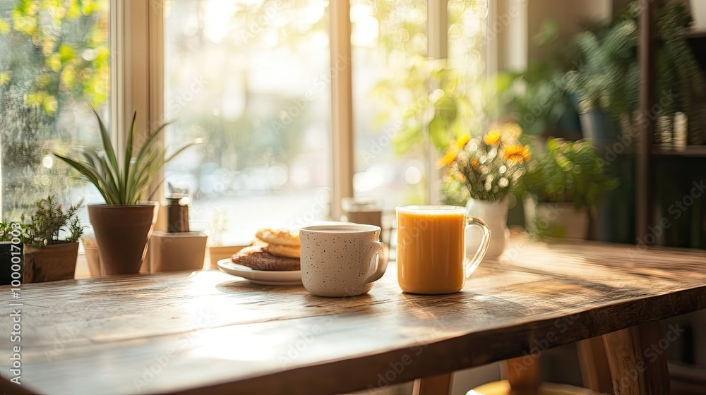 A wooden table set for a cozy breakfast, with a bright window view and room for copy in the background. A wooden table set for a cozy breakfast, with a bright window view and room for copy in the background.