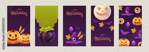 Halloween set. Colorful templates for flyers, stories, banners, cards. Festive pumpkins and witch hat. Vector illustration. EPS 10